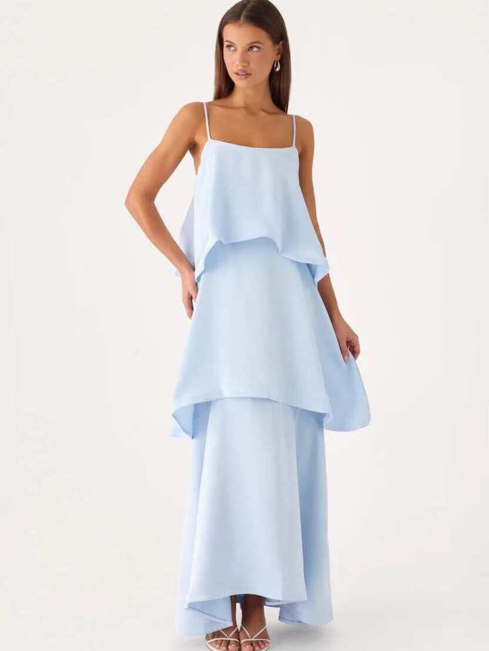 Peppermayo Becka Satin Tiered Maxi Dress Blue Low Back Size 4 NWT